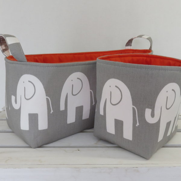 SAMPLE SALE - lange Windel Caddy Storage Container Korb Stoff Veranstalter - weiße Ele Elefant auf grau - Bonus Mini Storage Lagerplatz