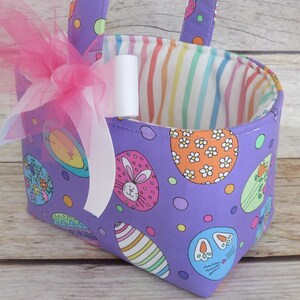 Hoppy Easter Fancy Eggs on Purple Fabric Easter Egg Hunt Candy Bag Basket Bucket Tote Personalized Name Tag Applique Available image 3