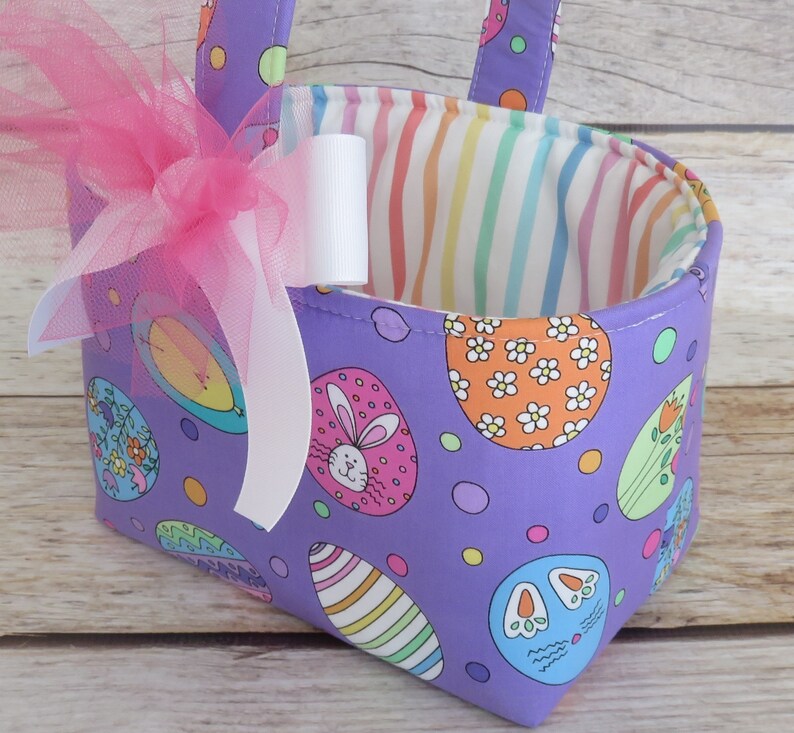 Hoppy Easter Fancy Eggs on Purple Fabric Easter Egg Hunt Candy Bag Basket Bucket Tote Personalized Name Tag Applique Available image 3