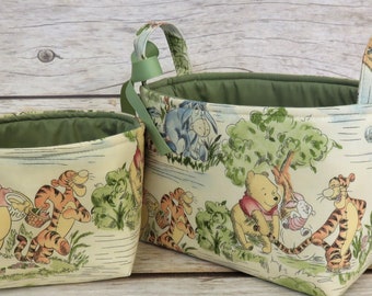 Winnie the Pooh Eeyore Tigger Park Toile Fabric Diaper Caddy Basket Bin -  Set of 2