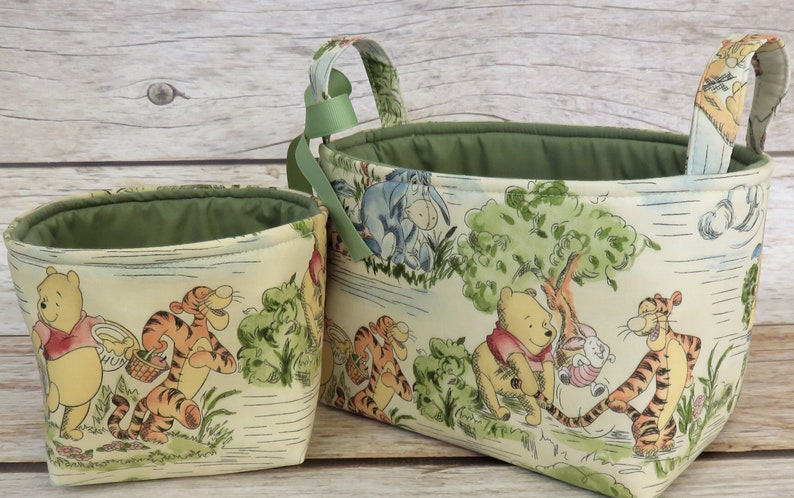 Winnie the Pooh Eeyore Tigger Park Toile Fabric Diaper Caddy Basket Bin Set of 2 image 1