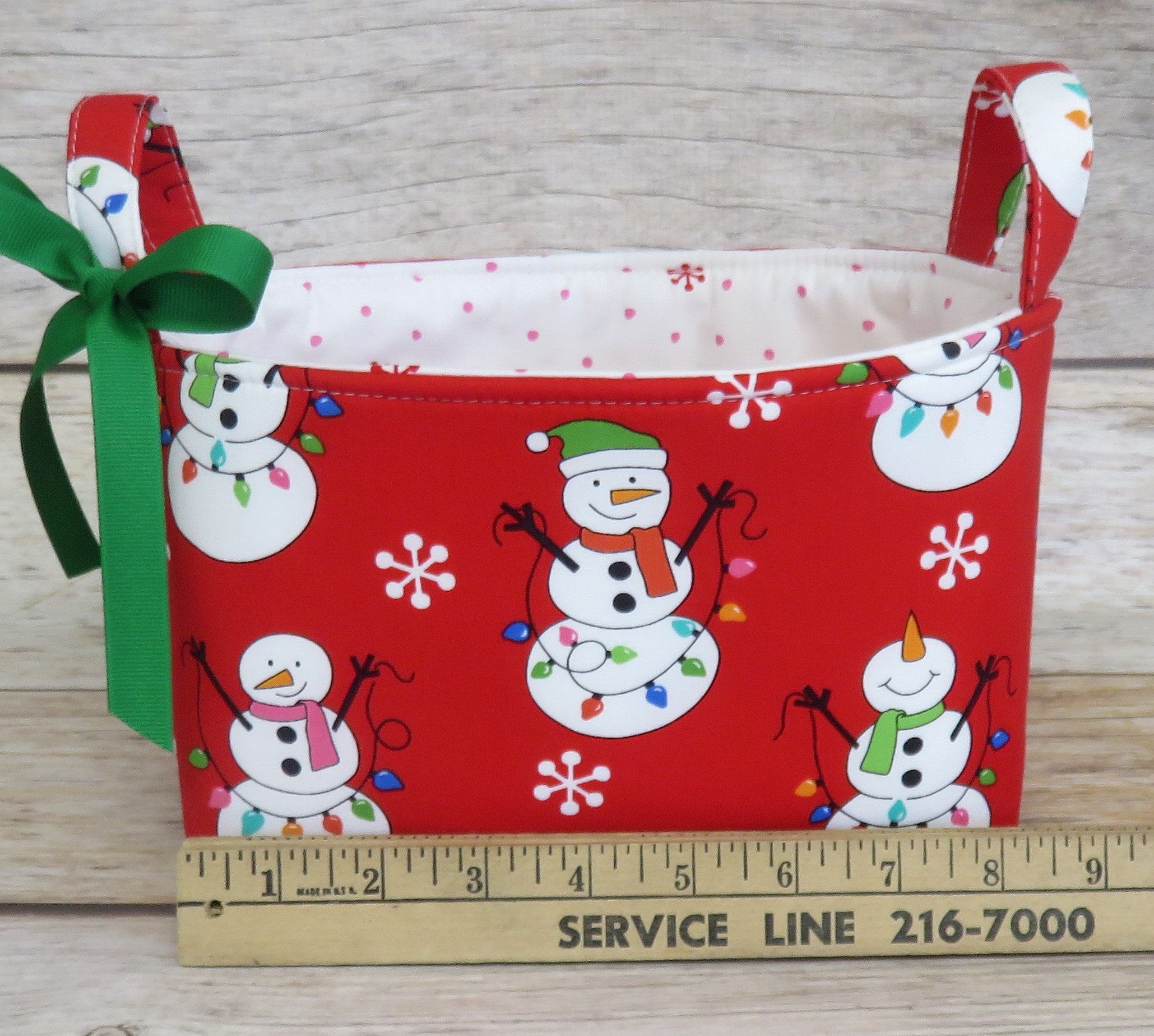 Snowman and Christmas Lights on Red, Holiday Xmas Fabric, Storage Organization Container Bin Organizer Basket