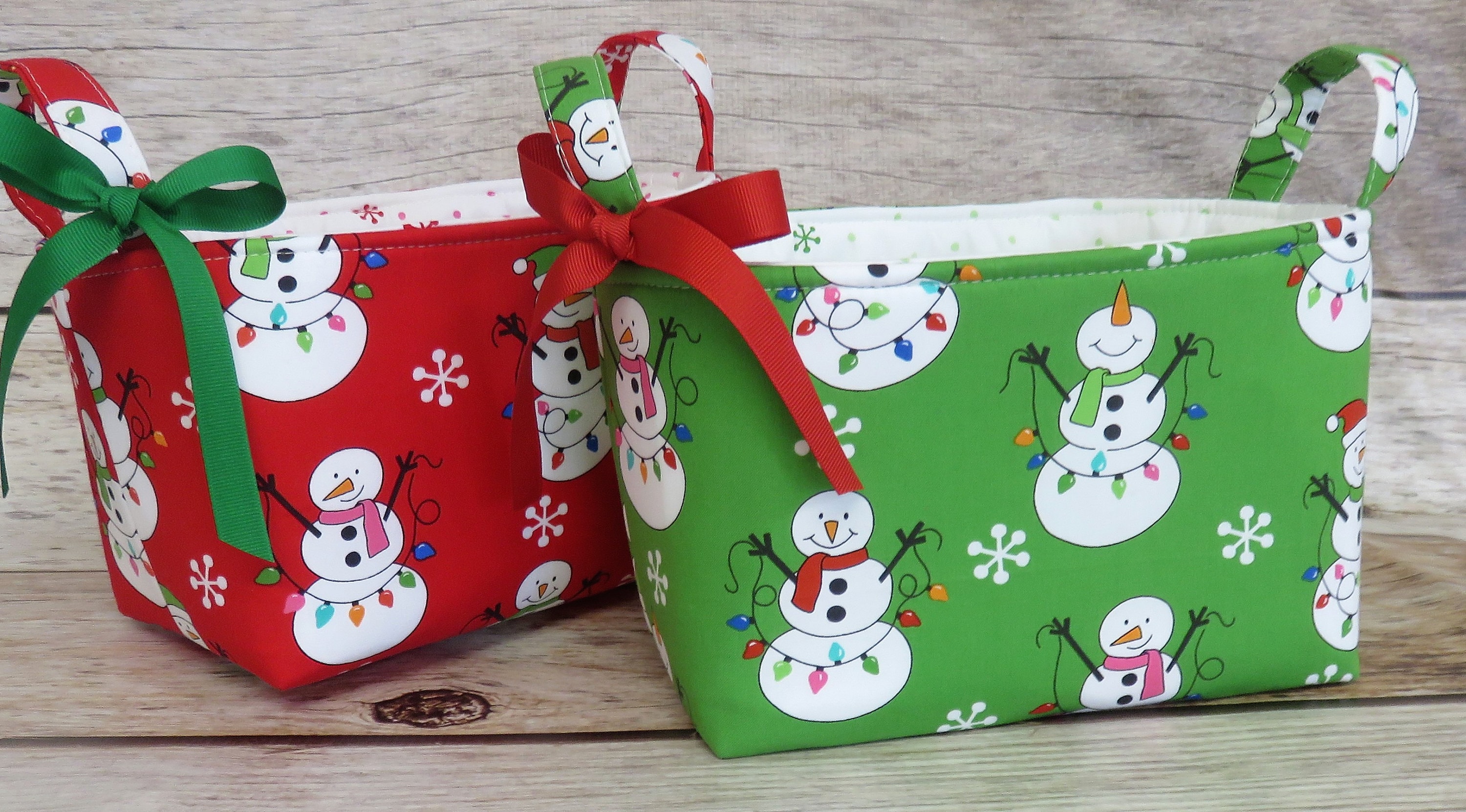 Snowman and Christmas Lights on Red, Holiday Xmas Fabric, Storage Organization Container Bin Organizer Basket