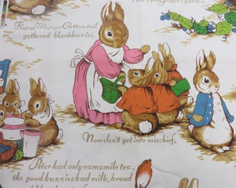 PETER RABBIT Beatrix Potter Cotton Twill Drapery Vintage 1970s Fabric