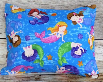 Fun Mermaids and Seashells on Ocean Blue fabric - Toddler/Kid/Travel Size Pillowcase and Pillow Insert – 16 in x 12 in