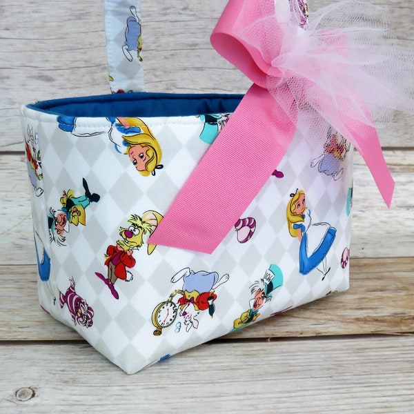 Alice in Wonderland and Friends on White Fabric - Easter Egg Hunting Candy Bag Basket Bucket - Personalized Name Tag Applique Available