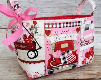 Red Wagons Milk Pails Red / Pink Trucks Pink - White Campers Fabric - Storage Gift Basket - Organizer Bin - Valentine - Teacher Appreciation