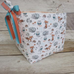 Woodland Baby Animals Fox Foxes Owl Owls Hedgehog Fabric - 10 in x 10 in x 10 in - Storage Basket Bucket - Baby Room Decor