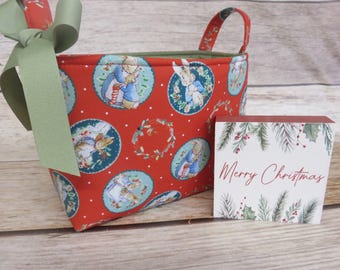 Scallop Badges Peter Rabbit Hoppy Holidays Merry Christmas Xmas Red Fabric Basket Bin