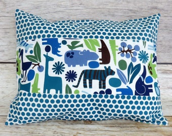 Blue Green Colors Zoo Animals fabric - Toddler/Kid/Travel Size Pillowcase and Pillow Insert – 16 in x 12 in