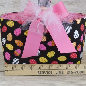 SALE/ CLEARANCE Tossed Pink Yellow Eggs on Black Fabric Easter Egg Hunting Candy Bag Basket Bucket image 4