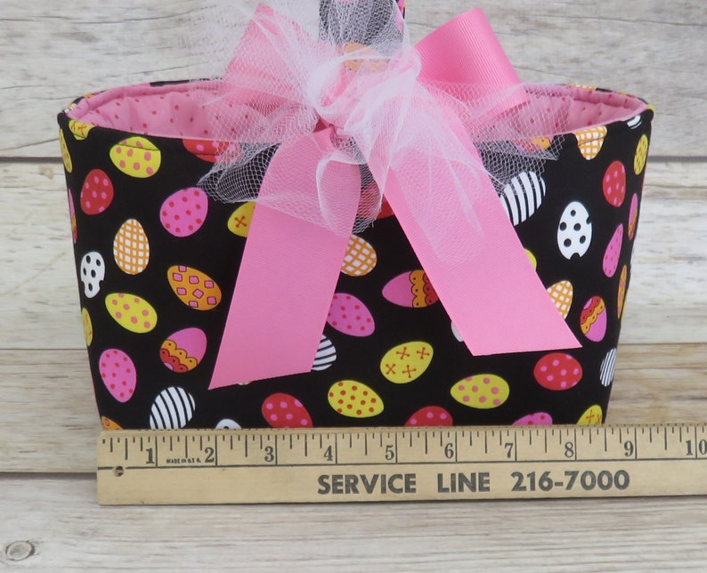 SALE/ CLEARANCE Tossed Pink Yellow Eggs on Black Fabric Easter Egg Hunting Candy Bag Basket Bucket image 4