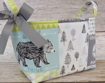 READY TO SHIP - Storage Organization  - Woodland Bear Wild Thing Raccoon - Fabric Bin Storage Basket - Let's Sleep Under the Stars Explore