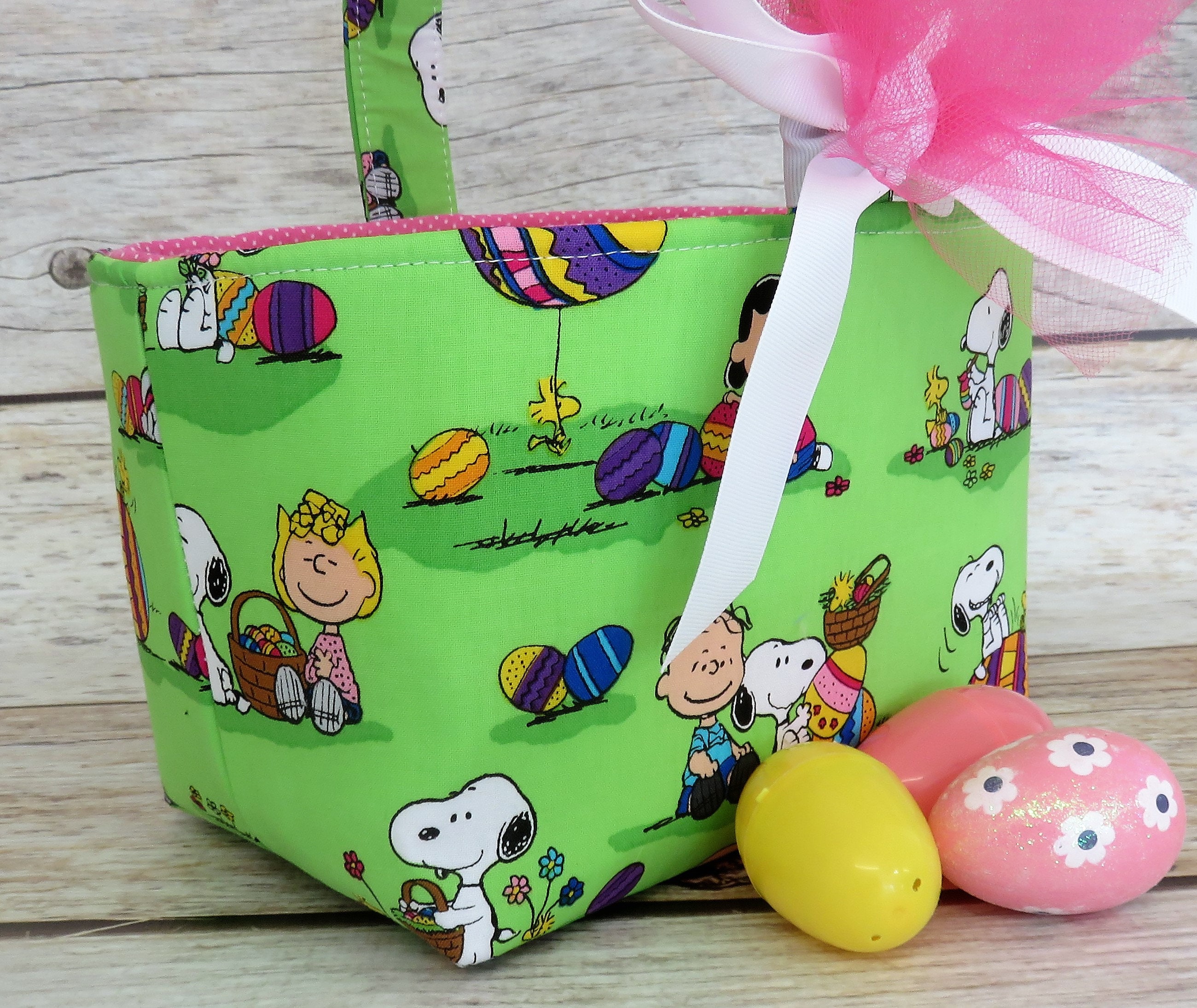 PERSONALIZED/ Name Tag Available Mickey Minnie on Green Fabric Easter Egg Basket Candy Bucket Bin Storage Container