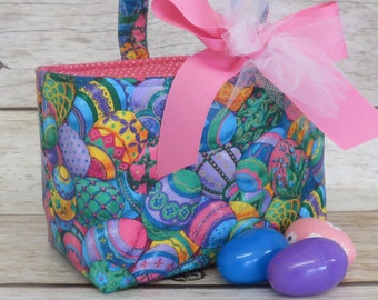 Bright Bold Easter Eggs Fabric - Easter Egg Hunting Candy Bag Basket Bucket - Personalized Name Tag Applique Available