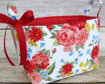 Sweet Rose Floral The Pioneer Woman Fabric Blue Red Flowers - Diaper Caddy Nursery Bin Storage Basket - Baby Room