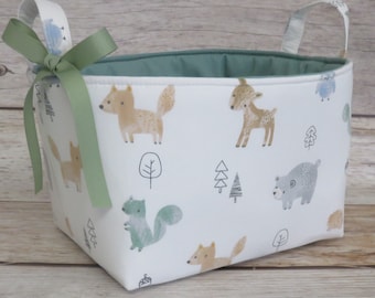Woodland Baby Animals on White Fabric - Organizer Storage Bin Basket - Nursery Baby Room Decor