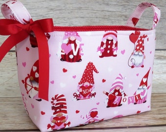 Fun Gnomes Valentines Day fabric - Storage Gift Basket - Organizer Container Bin - Valentine - Teacher Appreciation