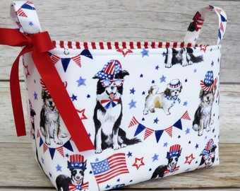 Patriotic Pups Dogs with Hats Fabric - Bin Basket Bag Storage - Memorial Day - 4th of July Room Decor