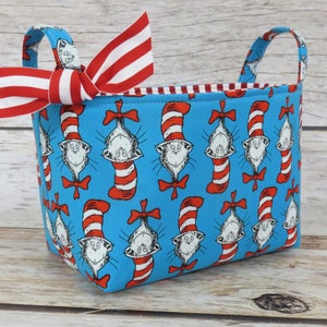 Red/ White Cat Hat Heads Fabric - Dr Seuss - Organizer Container Bin Basket Bag - Room Decor - Teacher Appreciation