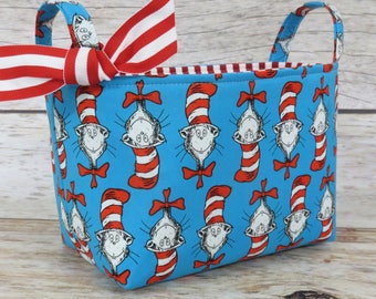 Red/ White Hat Heads Fabric - Organizer Container Bin Basket Bag - Room Decor - Teacher Appreciation