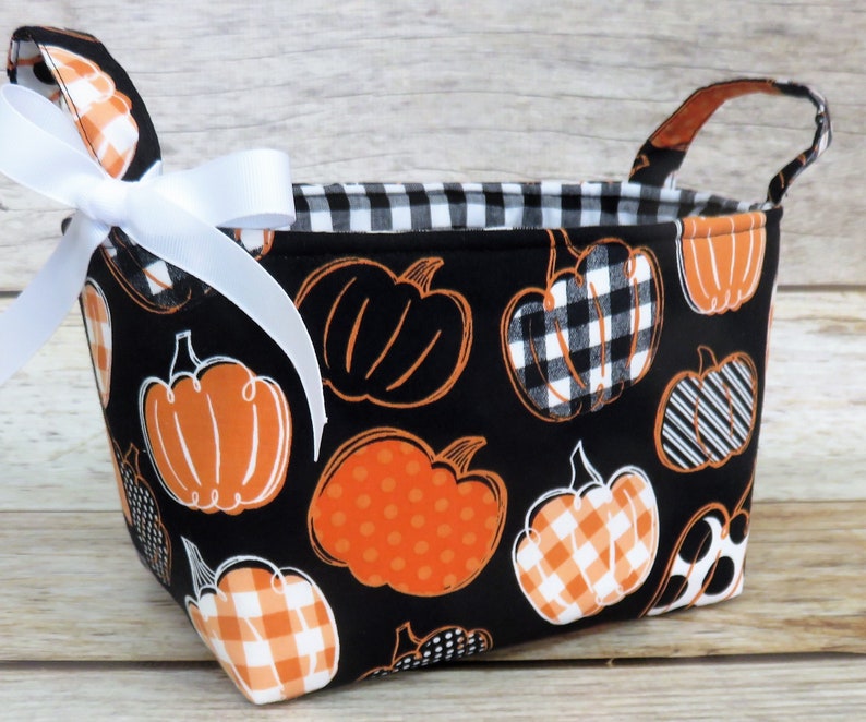 Pumpkins Fall Autumn Black/ Orange/ White Fabric Bin Storage Container Basket Holiday Decor Organizer image 1