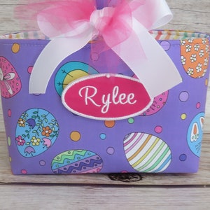 Hoppy Easter Fancy Eggs on Purple Fabric Easter Egg Hunt Candy Bag Basket Bucket Tote Personalized Name Tag Applique Available image 7