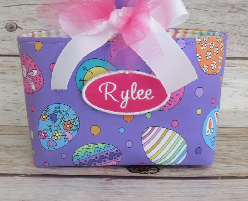 Hoppy Easter Fancy Eggs on Purple Fabric Easter Egg Hunt Candy Bag Basket Bucket Tote Personalized Name Tag Applique Available image 7