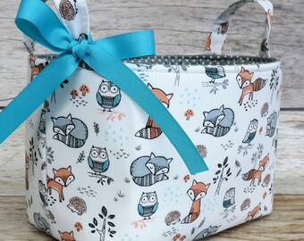 Diaper Caddy Fabric Bin - Woodland Baby Animals Fox Foxes Owl Owls Hedgehog Fabric Bin Storage Container Basket - Baby Room Decor