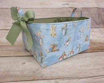 Tale of Peter Rabbit Main Blue Fabric - XLarge Diaper Caddy - Organizer Bin Basket  2 Dividers - Nursery Decor