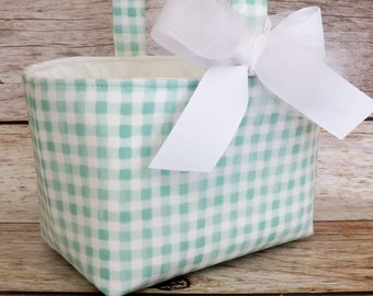 Easter Fabric Basket Candy Bucket Bin Storage - Rifle Paper Meadow Mint Painted Gingham Fabric - PERSONALIZED/ Name Tag Available