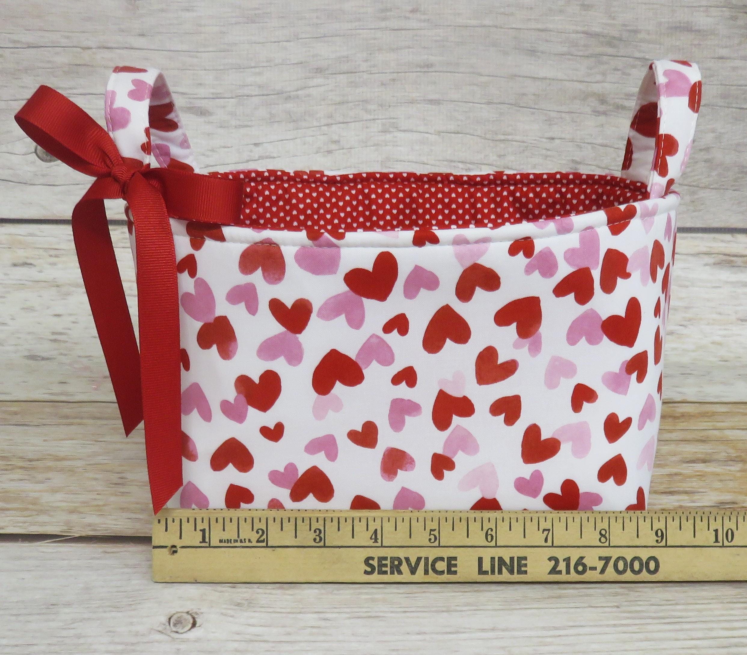 Pink and Red Hearts on White Valentines Day fabric - Storage Gift Basket - Organizer Bin - Valentine