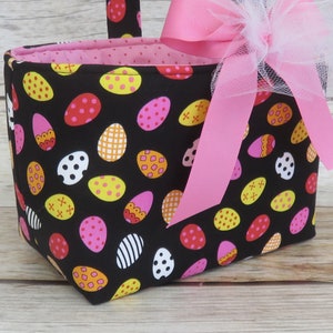 SALE/ CLEARANCE Tossed Pink Yellow Eggs on Black Fabric Easter Egg Hunting Candy Bag Basket Bucket image 2