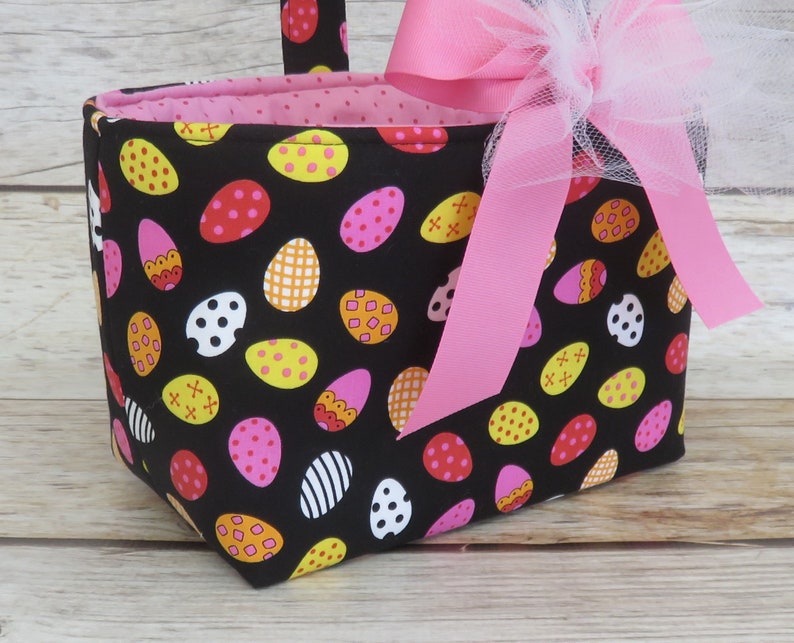 SALE/ CLEARANCE Tossed Pink Yellow Eggs on Black Fabric Easter Egg Hunting Candy Bag Basket Bucket image 2