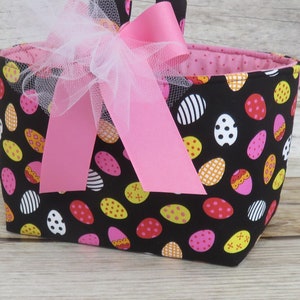 SALE/ CLEARANCE Tossed Pink Yellow Eggs on Black Fabric Easter Egg Hunting Candy Bag Basket Bucket image 3