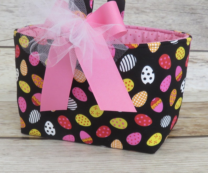 SALE/ CLEARANCE Tossed Pink Yellow Eggs on Black Fabric Easter Egg Hunting Candy Bag Basket Bucket image 3