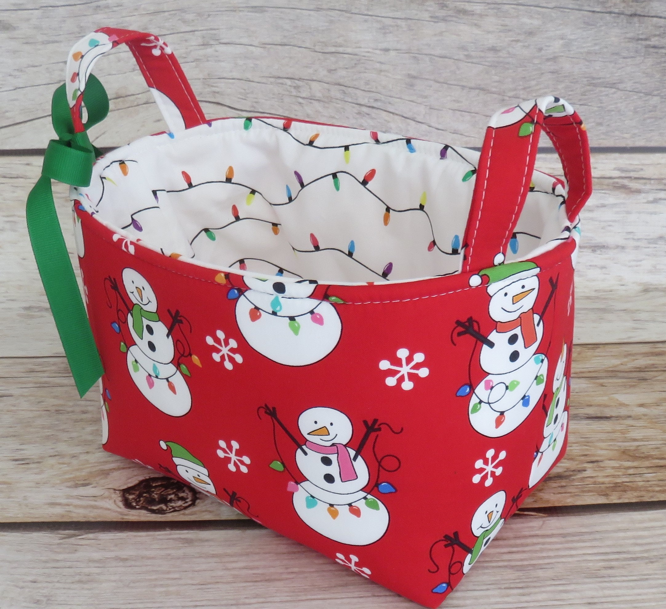 Snowman and Christmas Lights on Red, Holiday Xmas Fabric, Storage Organization Container Bin Organizer Basket