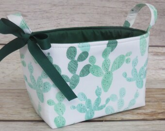 Green Cactus Cacti on White Fabric - Fabric Organizer Bin Storage Container Basket - TrIbal Aztec