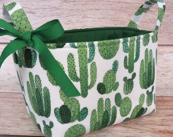 Green Cactus Cacti on White Fabric - Fabric Organizer Bin Storage Container Basket - TrIbal Aztec