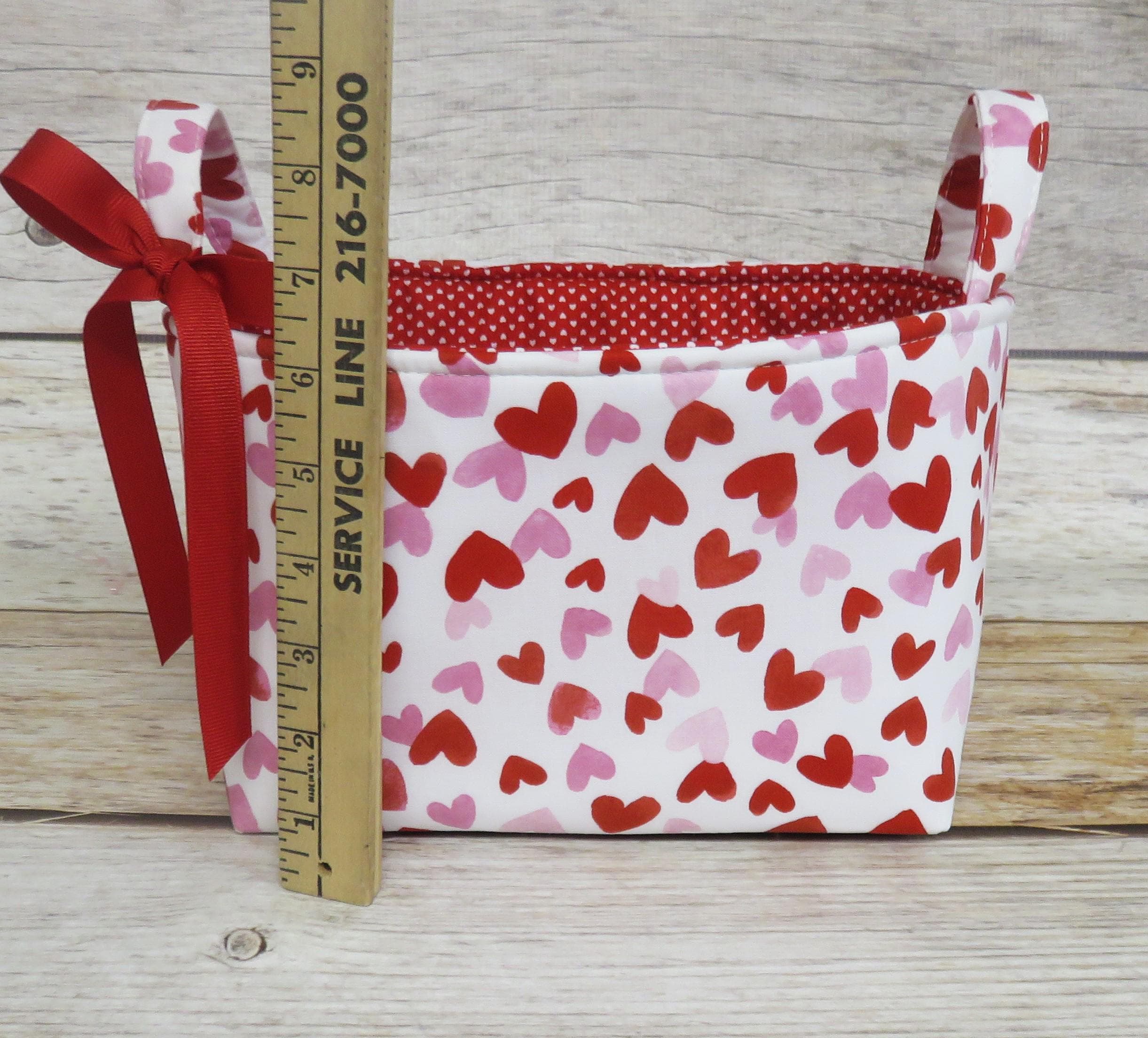 Pink and Red Hearts on White Valentines Day fabric - Storage Gift Basket - Organizer Bin - Valentine