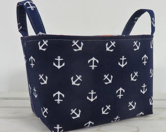 Storage and Organization - White Anchors on Navy Blue Fabric - Organizer Bin Storage Container Basket - Nautical Beach - Baby Room Decor