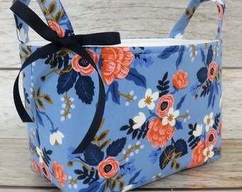 Storage Organization - Cotton + Steel - Rifle Paper Co. -  Les Fleurs - Birch Floral in Periwinkle - Fabric Organizer Bin Container Basket