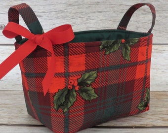 Red and Green Plaid with Holly Spigs Christmas Xmas Holiday Fabric Storage and Organization - Fabric Organizer Container Bin Basket