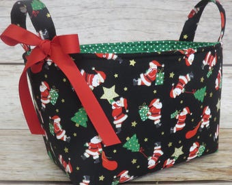 Sweet Santas and Trees on Black Christmas Holiday Xmas Fabric - Storage Organization Container Bin Organizer Basket - Holiday Decor