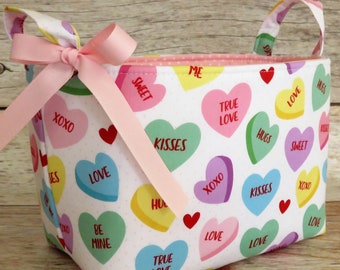 Candy Conversation Heart Valentines Day fabric - Storage Gift Basket - Organizer Container Bin - Valentine - Teacher Appreciation
