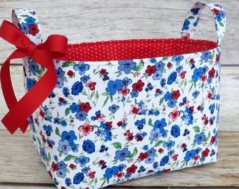 Country Charm Ditsy The Pioneer Woman Fabric Blue Red Flowers - Diaper Caddy Nursery Bin Storage Basket - Baby Room