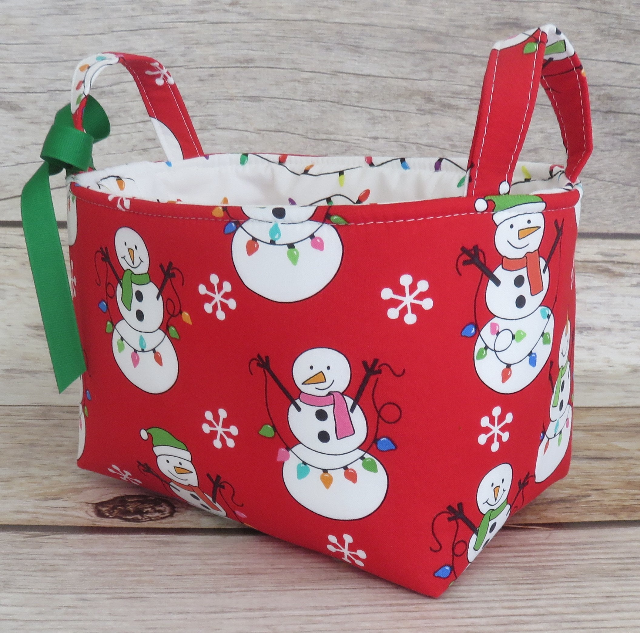 Snowman and Christmas Lights on Red, Holiday Xmas Fabric, Storage Organization Container Bin Organizer Basket