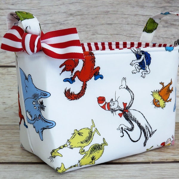 Storage Fabric Organizer  Bin Basket - Diaper Storage - Nursery Decor - White Cat in the Hat Fabric  - Made with Licensed Dr. Seuss Fabric