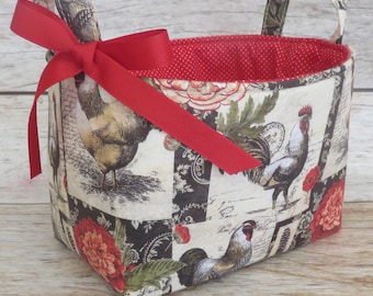 French Chicken Rooster Floral Patch Fabric Bin Storage Container Basket - Room Decor