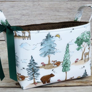 Woodland Critters Brown Bear Red Fox Deer Pine Trees Fabric - Storage Fabric Organizer Bin Basket - Nursery Baby Room Decor